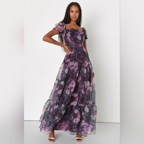 Lulus Delightful Expression Black Floral Organza Tiered Maxi Dress XS Wedding - Picture 3 of 10